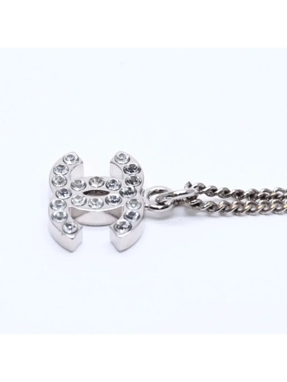 Chanel Necklace CC Logo Rhinestone Silver 11